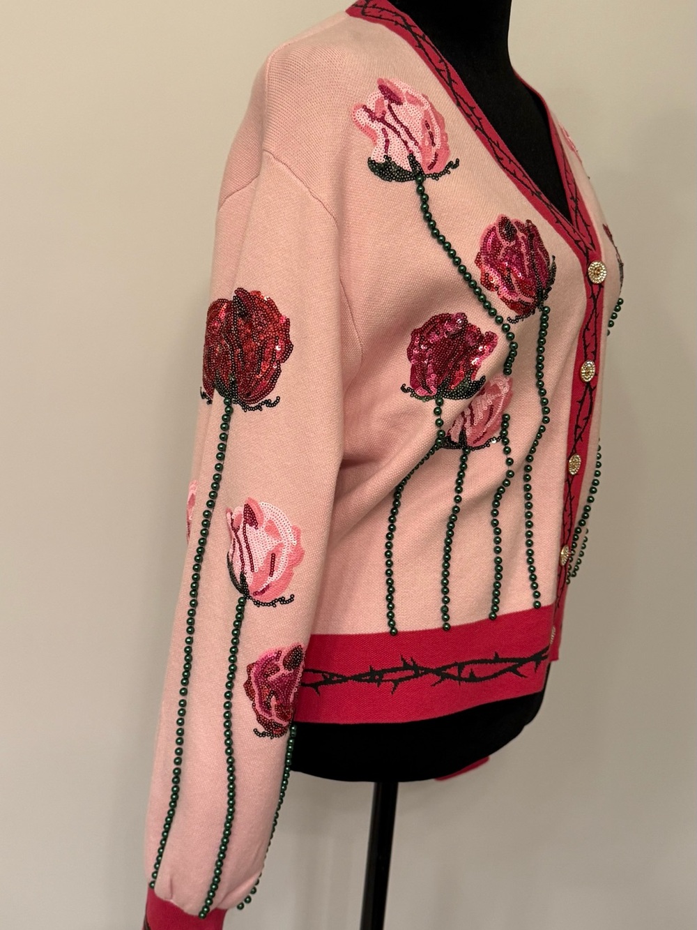 QUEEN OF SPARKLES Long Stem Roses Pink Floral Button Cardigan - Picture 9 of 12